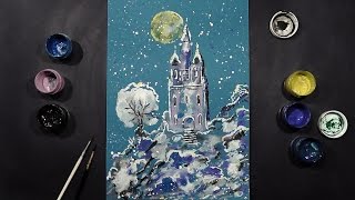 Winter Castle  MonoprintMonotype  Gouache  IOTN  Speed Painting [upl. by Morgen]