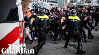 Antilockdown rioters clash with Dutch police in two cities in the Netherlands [upl. by Geoffrey]