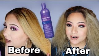 10 PURPLE SHAMPOO Brassy Hair  BEFORE amp AFTER  how to tone orange  yellow hair  Shimmer Lights [upl. by Rosenblum]