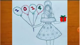 ❤️New year Drawing 2024❤️Happy New year Drawing Easy  How to draw a girl Celebrate drawing [upl. by Ariamoy277]