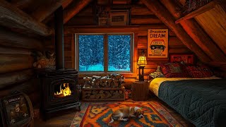 Comfortable and relaxing in a small cabin on a winter night  Fireplace burning sound [upl. by Ahtimat]