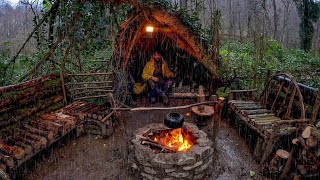 7 Days SOLO SURVIVAL CAMPING In RAIN THUNDER  Building Warm BUSHCRAFT SHELTER  Lamb Cooking [upl. by Drawd]