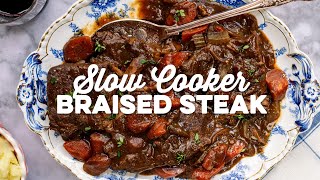 Slow Cooker Braised Steak With Rich Gravy  Supergolden Bakes [upl. by Moyna]