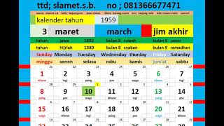 kalender tahun 1957 1958 1959 1960 lengkap weton pasaran kalender jawa hijriah [upl. by Kendyl]