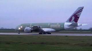 Qatar Airways A380 2 A7APB  First Flight Landing Hamburg Finkenwerder [upl. by Lerrud]