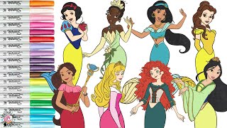 Disney Princess Coloring Book Compilation as Mermaids Ariel Tiana Belle Merida Mulan Jasmine Elena [upl. by Edrock43]