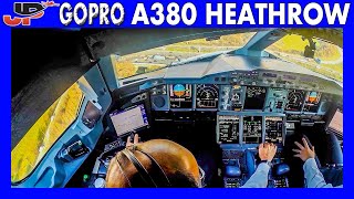 AIRBUS A380 Landing at London Heathrow  CockpitPilotWing Views [upl. by Cinelli]