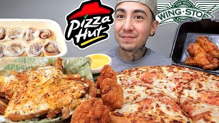 MUKBANG EATING Pizza Hut Cheesy Pan Pizza Wingstop NEW Hot Honey Chicken Voodoo Fries Cinnabon [upl. by Aisela]