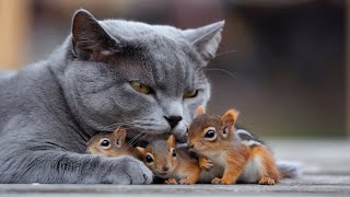 Mama Cat Adopts Four Tiny Orphaned Squirrels [upl. by Airekahs848]