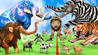 5 Giant Mammoth Elephant Cow vs 5 Giant Lion Tiger vs Hybrid Elephant Zebra Saved By Woolly Mammoth [upl. by Sanger]