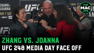 Zhang Weili tells Joanna Jedrzejczyk to quotshut upquot during face off  UFC 248 Media Day [upl. by Kolk492]