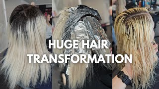 Hair Transformation Bleach out to Highlights  high risk colour correction dark roots to blonde [upl. by Acirred897]