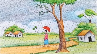 How to draw scenery of rainy season step by step [upl. by Tatman]