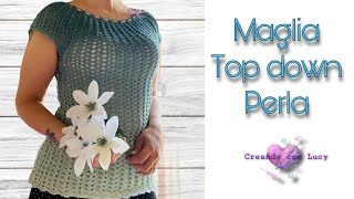 tutorial uncinetto maglia top down facile scollo tondo –MAGLIA PERLA [upl. by Analihp]