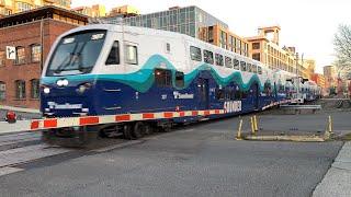 Sound Transit Sounder Train Passing Through Railroad Crossing at Seattle Waterfront [upl. by Zetneuq]