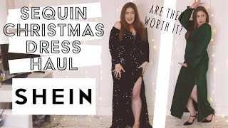 SHEIN SEQUIN SPARKLY DRESS HAUL  CHRISTMAS DRESSES  FESTIVE PARTY DRESS TRY ON [upl. by Meibers]