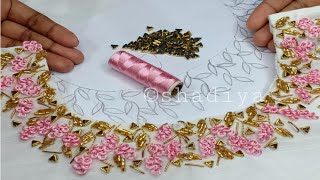 Hand embroidery neck design with stones and ring knotneck embroidery for kurti salwar blouse [upl. by Rubbico]