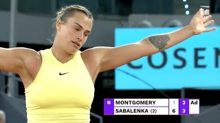 SABALENKAS CRAZY RETURN MAKES EVERYONE LAUGH MADRID OPEN ROUND 3 VS MONTGOMERY APRIL 28 2024 [upl. by Joshuah419]