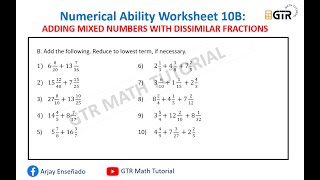 Adding Mixed Numbers with Dissimilar Fractions  Civil Service Exam Worksheet 10B [upl. by Aloz]