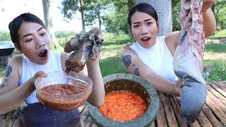 Mukbang Tonque cow Tongue with Prahok sauce  Cooking and eating [upl. by Ovida453]