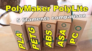 Ultimate comparison Polymaker PolyLite filaments PLA PETG ABS ASA PC [upl. by Mages]