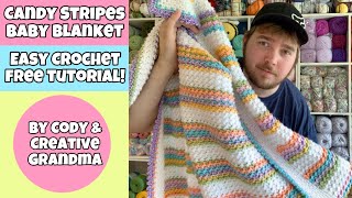 Easy Crochet Candy Stripes BabyToddler Blanket by Cody Tutorial  Two Row Repeat [upl. by Ecad951]