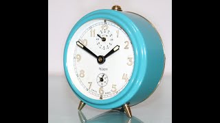 PHOTOSHOOT TEDDY Swiss Alarm Clock Blue Mantel GORGEOUS Condition Vintage [upl. by Sokairyk]