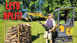 Splitting wood w Chinese mini excavator Testing Miva hydraulic cone style log splitter [upl. by Anelhtak432]