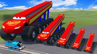 Big amp Small Tall amp Long Lightning Mcqueen with Monster Truck Wheels vs Thomas Trains  BeamNGDrive [upl. by Nosilla]