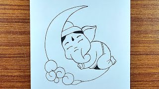 Cute Ganesha Sleeping on moon  Ganpati bappa drawing [upl. by Akcimahs]