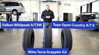 AT Tire Comparison Nitto Terra Grappler G2 vs Toyo Open Country ATII vs Falken Wildpeak AT3W [upl. by Belter398]