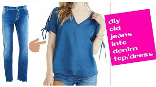 DIY  Convert jeans into Off Shoulder denim topDress [upl. by Ibba]