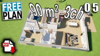 Plan Maison Gratuit 90 m² 3 chambres [upl. by Nnairb628]