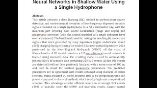 End to End Geoacoustic Inversion With Neural Networks in Shallow Water Using a Single Hydrophone [upl. by Nobel899]