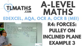 ALevel Maths R422 Forces Pulley on Inclined Plane Example 3 [upl. by Garrik]