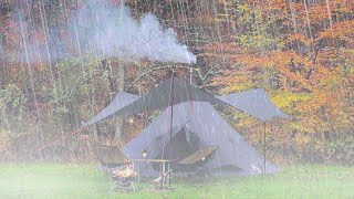 UNEXPECTED Heavy RAIN Hits the Nortent Lavvo Cozy Camping in Heavy Rain Relaxing TiPi Tent Shelter [upl. by Ateiluj543]