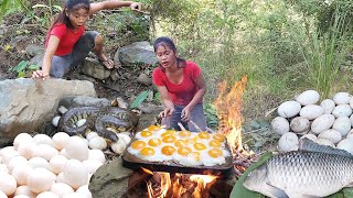 Yummy Egg grilled on the rock for lunch Fish and egg burned underground for dinner Top 5 video [upl. by Samalla591]