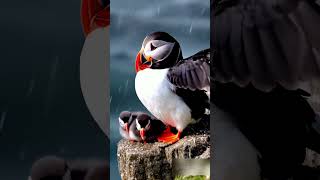 Puffin and Pufflings on Cliff in Coastal Rain amazing birds trending wildlife nature cute [upl. by Koffman674]