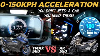 Yamaha TMAX 560 🆚️ KYMCO AK550  0150kph Acceleration  Top Speed Attempt  Pros amp Cons 🔥🔥 [upl. by Elehcor]