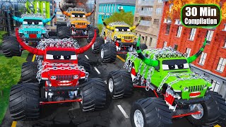 Monster Trucks destroy the City  Police Car Firetruck amp Ambulance vs Monster Trucks Compilation [upl. by Marketa]