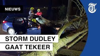 Storm Dudley houdt huis boom valt op rijdende auto [upl. by Weinreb]