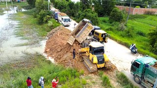 Perfect Strong Bulldozer KOMATSU DX51P Working push soil filling up with Many Dump trucks dumping [upl. by Grey]