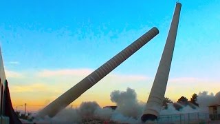 Provo City Power Plant Chimneys  Controlled Demolition Inc [upl. by Oretos]