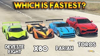 GTA 5 ONLINE  TOROS VS PARIAH VS DEVESTE EIGHT VS X80 WHICH IS FASTEST [upl. by Atinnod]