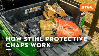 How STIHL Protective Chaps Work  STIHL Safety [upl. by Relyat]