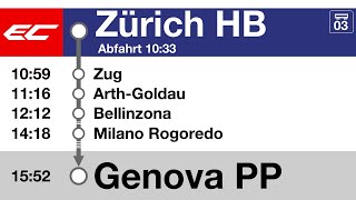 SBB FFS Ansagen annunci » EuroCity Zürich HB — Genova P Principe 2022  SLBahnen [upl. by Enej807]