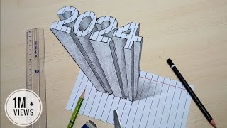 Learn How to Draw 2024 in 3D drawing  easy stepbystep for beginners [upl. by Rockafellow]