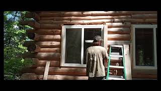 Log Cabin Build Part 32 window trim soffitfacia etc [upl. by Hayley]