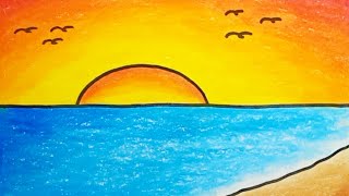 How To Draw A Sea Scenery Easy Step By Step Drawing Sea Scenery Very Easy For Beginners [upl. by Rikki817]