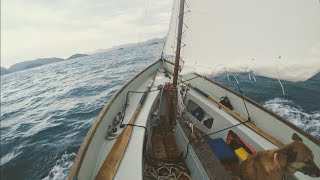 Singlehanding Drascombe Lugger Heavingto and shaking a reef [upl. by Yleek915]